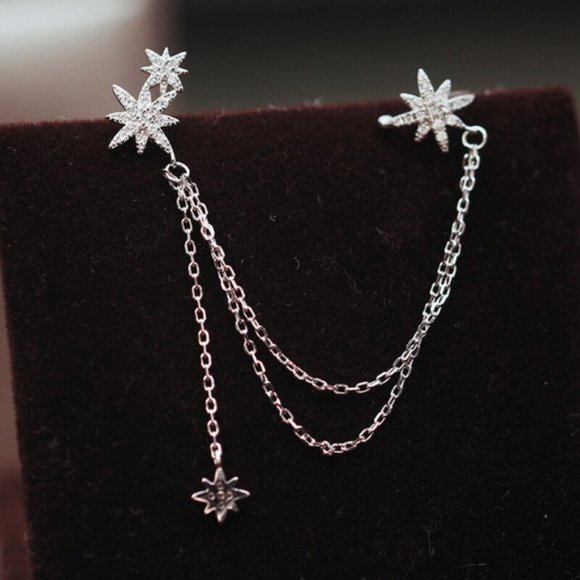 NEW 925 Sterling Silver Stars Chain Earrings - Picture 3 of 5